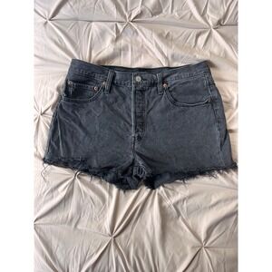Levis 501 Original High Rise Denim Shorts Washed Black Gray Raw Hem 33 Waist